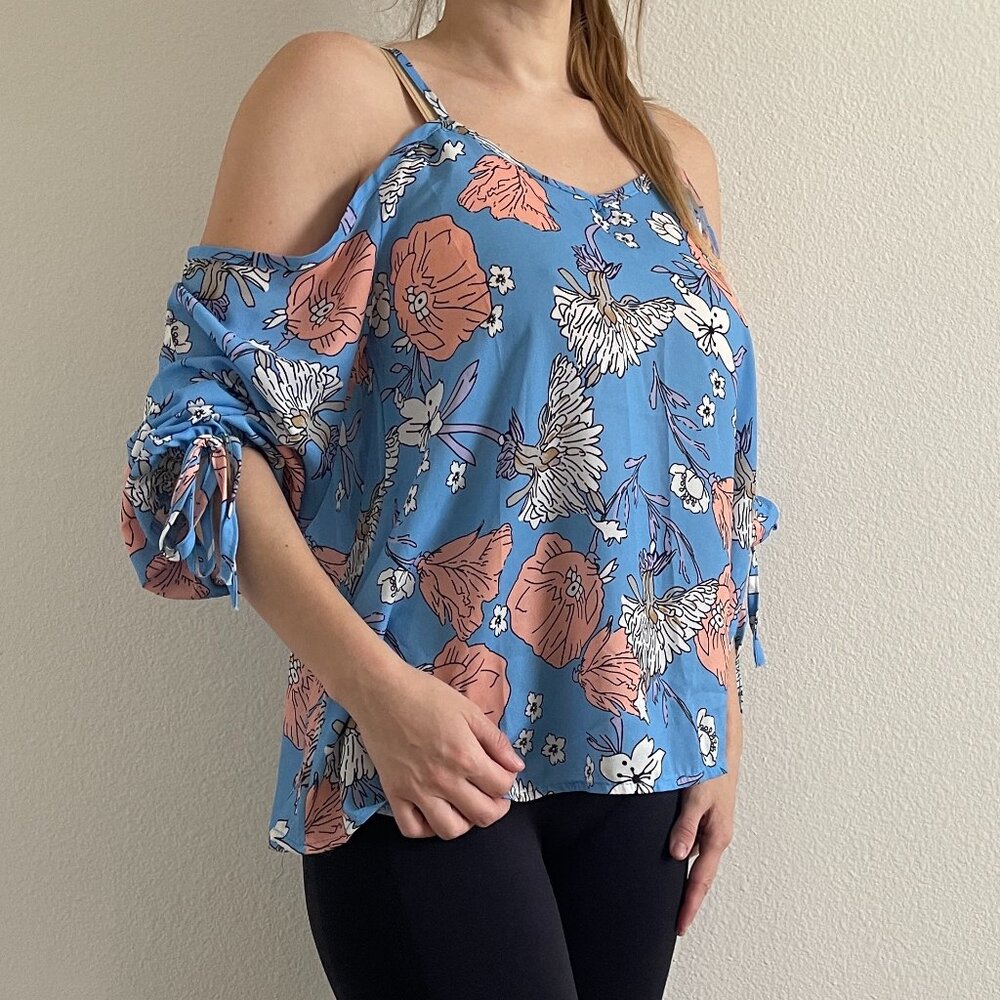 Summer floral print blue blouse shirt